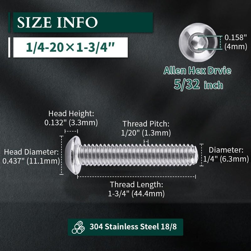 EASTLO 1/4-20 x 1-3/4" Button Head Socket Cap Bolts Screws, 304 Stainless Steel 18-8, Allen Hex Drive, Bright Finish, Fully Machine Thread, Pack of 25 - Image 3